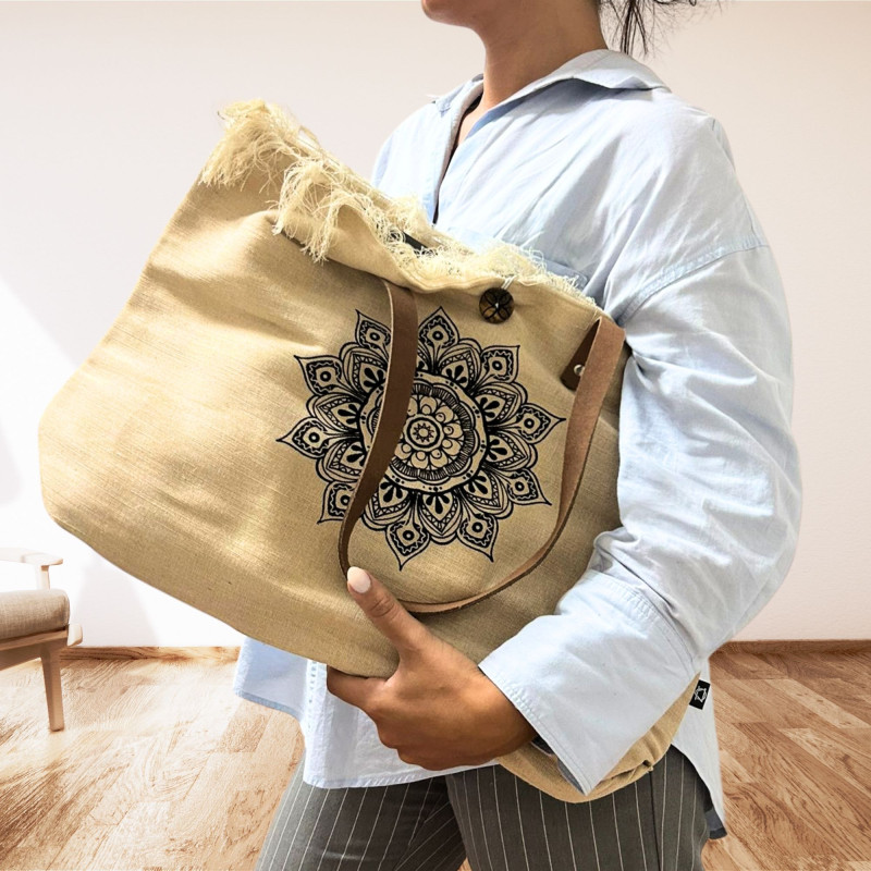 Sac fourre-tout naturel avec anse en cuir - Fleur de vie