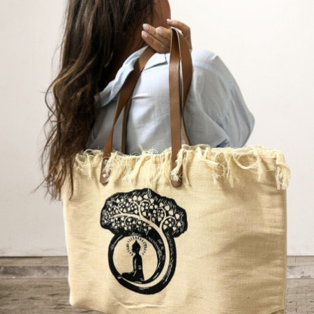 Sac fourre-tout naturel avec poignée en cuir - Bouddha