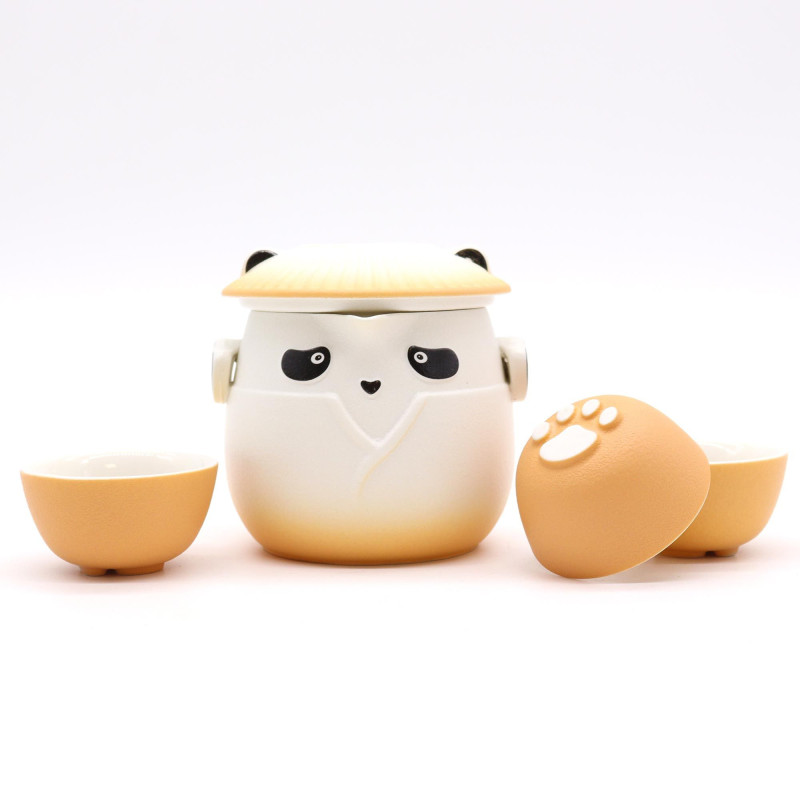 Ensemble théière et trois tasses Panda - Orange