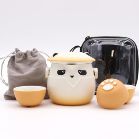 Ensemble théière et trois tasses Panda - Orange