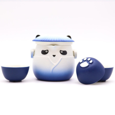 Ensemble théière et trois tasses Panda - Bleu ciel