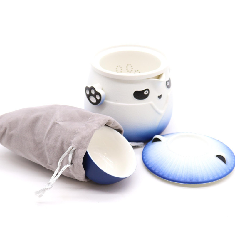 Ensemble théière et trois tasses Panda - Bleu ciel