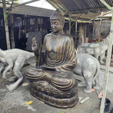 Grand Bouddha antique en or enseignant sur lotus - 2 m