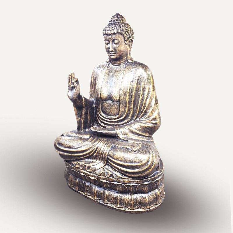 Grand Bouddha antique en or enseignant sur lotus - 2 m