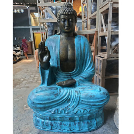 Grand Bouddha enseignant sur lotus en turquoise et pierre - 2 m
