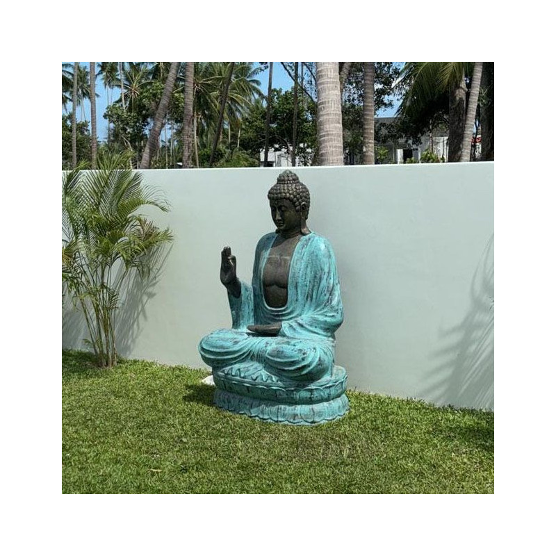 Grand Bouddha enseignant sur lotus en turquoise et pierre - 2 m