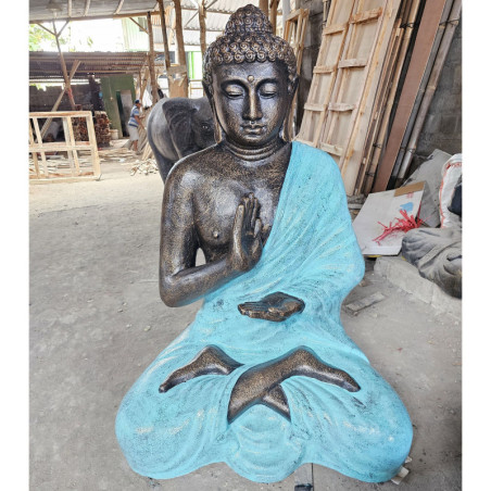 Grand Bouddha en méditation turquoise et pierre dans un stupa - 1,5 m