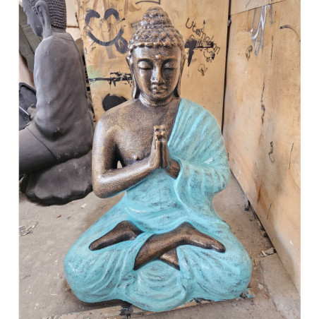 Statue de Bouddha en prière turquoise et or de taille moyenne, 1,2 m de haut