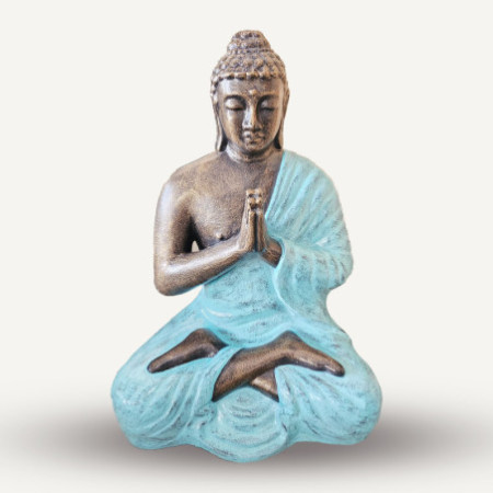 Statue de Bouddha en prière turquoise et or de taille moyenne, 1,2 m de haut