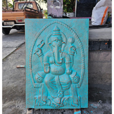 Grand cadre en fer Ganpati en relief turquoise - 0,7 x 1 m