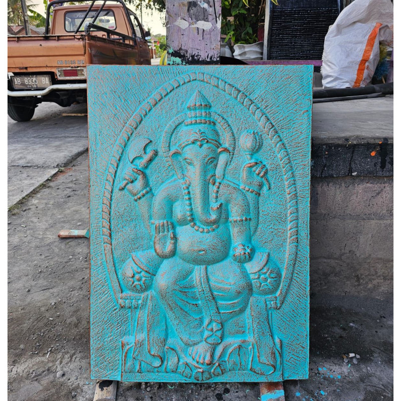 Grand cadre en fer Ganpati en relief turquoise - 0,7 x 1 m