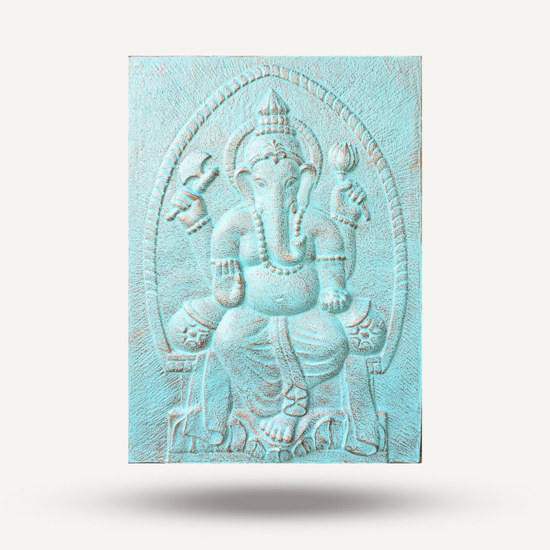 Grand cadre en fer Ganpati en relief turquoise - 0,7 x 1 m
