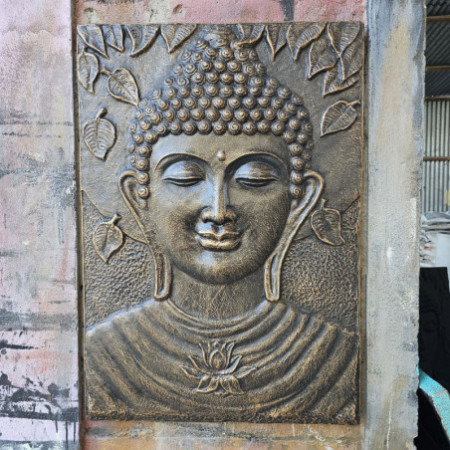 Grand Bouddha en fer, relief doré antique - 0,7 x 1 m