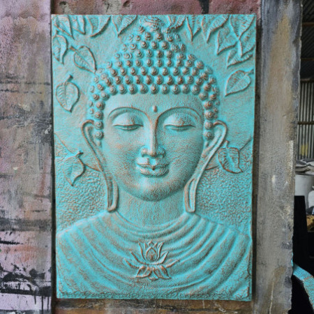 Grand Bouddha en fer avec relief turquoise - 0,7 x 1 m
