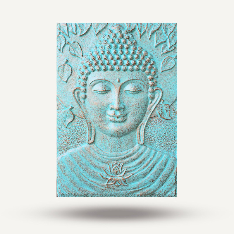 Grand Bouddha en fer avec relief turquoise - 0,7 x 1 m