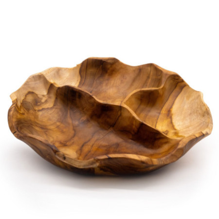 Corbeille à fruits ronde et lisse en teck, trois sections - 30 x 5,5 cm