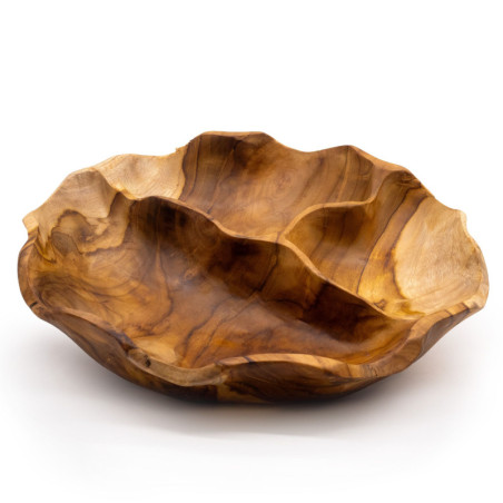 Corbeille à fruits ronde et lisse en teck, trois sections - 30 x 5,5 cm