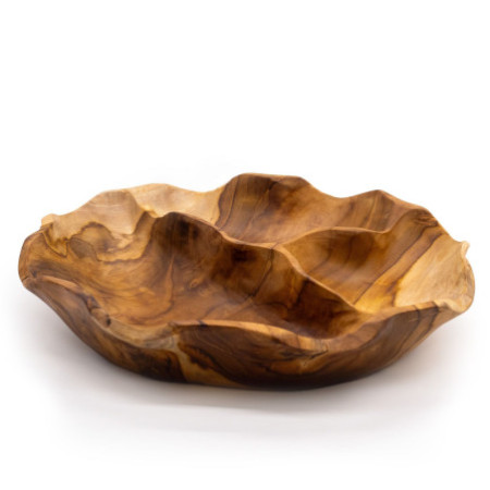 Corbeille à fruits ronde et lisse en teck, trois sections - 30 x 5,5 cm