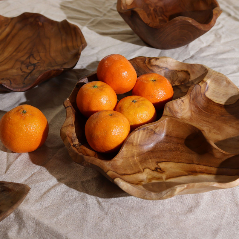 Corbeille à fruits ronde et lisse en teck, trois sections - 30 x 5,5 cm