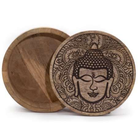Grande boîte ronde 17,5 x 7,5 cm - Visage de Bouddha gravé noir
