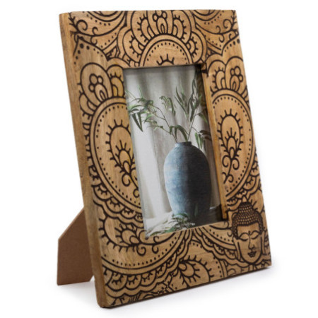 Grand cadre photo en bois de manguier (13x18cm) 28x23x2cm - Bouddha - Noir