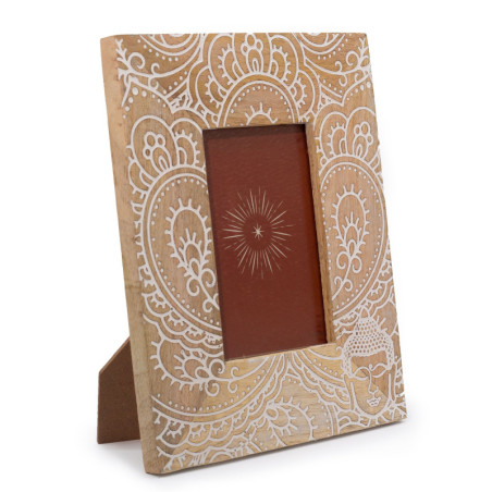 Cadre photo en bois de manguier (pour 10x15cm) 26x20x2cm - Bouddha - Blanc