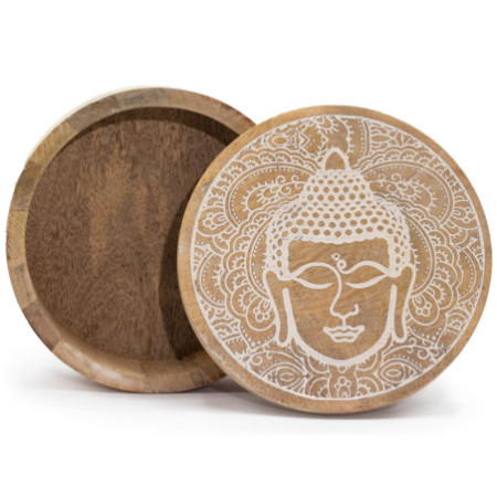 Grande boîte ronde 17,5 x 7,5 cm - Visage de Bouddha blanchi à la chaux