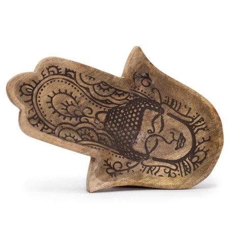 Plateau long 30 x 20,5 x 2,5 cm - Forme Hamsa avec Bouddha gravé en noir