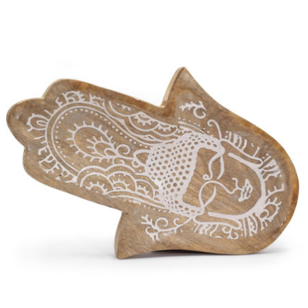Plateau long 30 x 20,5 x 2,5 cm - Forme Hamsa avec Bouddha blanchi à la chaux