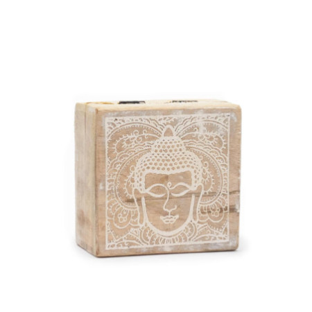 Petite boîte carrée 10 x 10 x 4,2 cm - Visage de Bouddha blanchi à la chaux