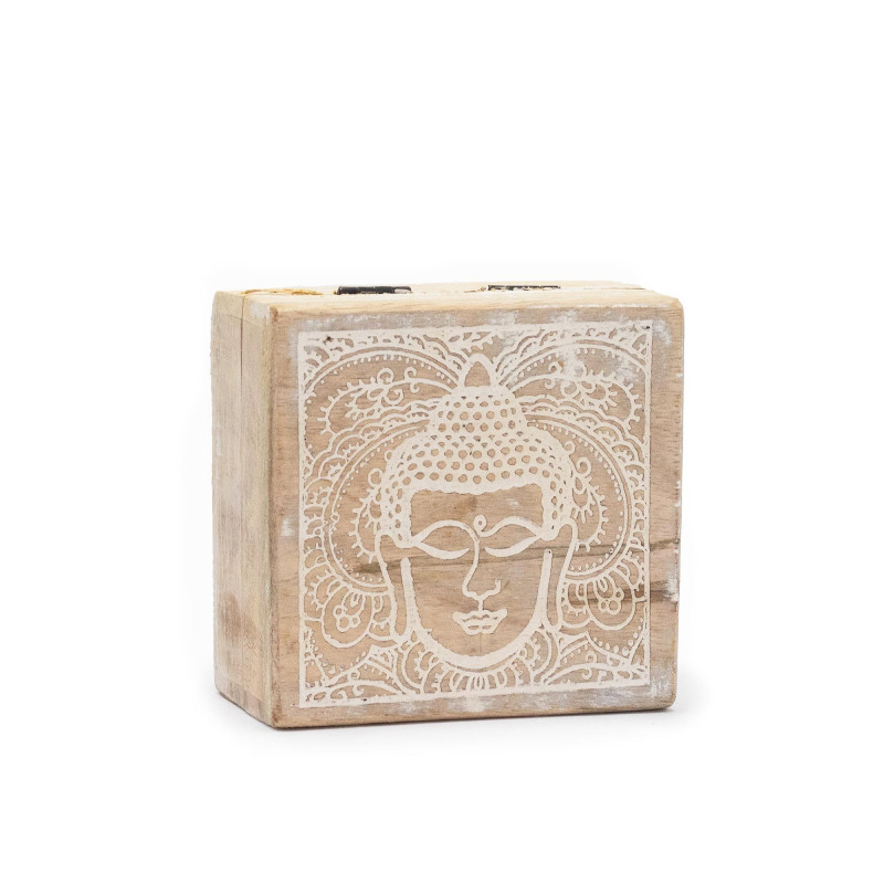 Petite boîte carrée 10 x 10 x 4,2 cm - Visage de Bouddha blanchi à la chaux