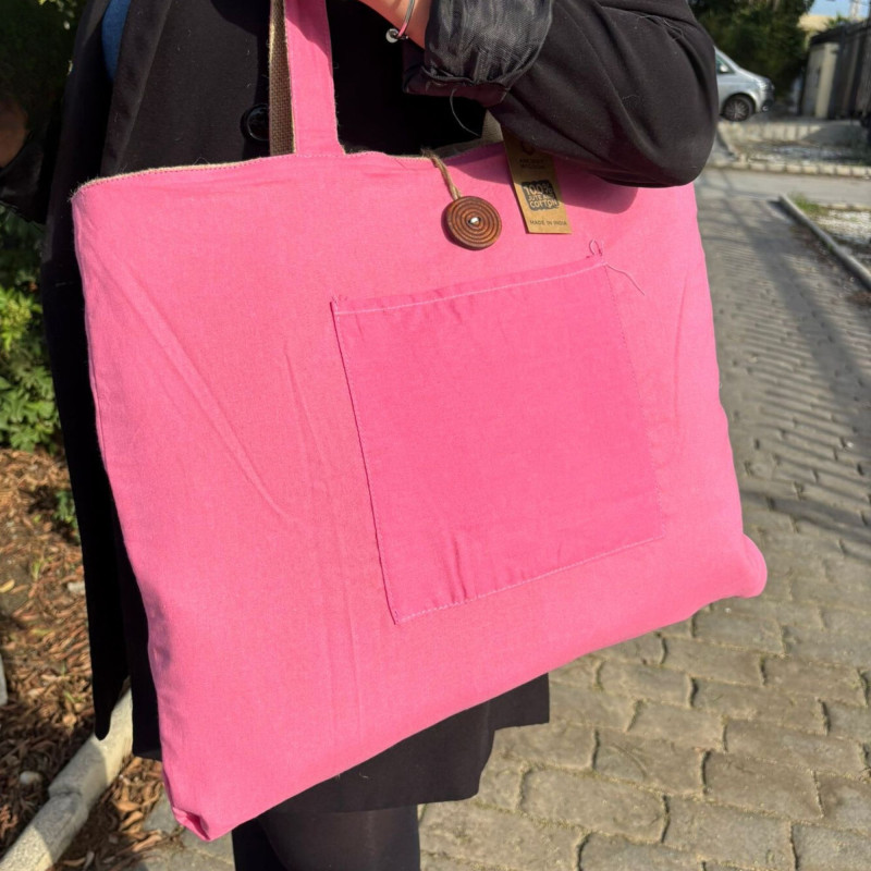 Grand sac réversible en jute et coton - Rose