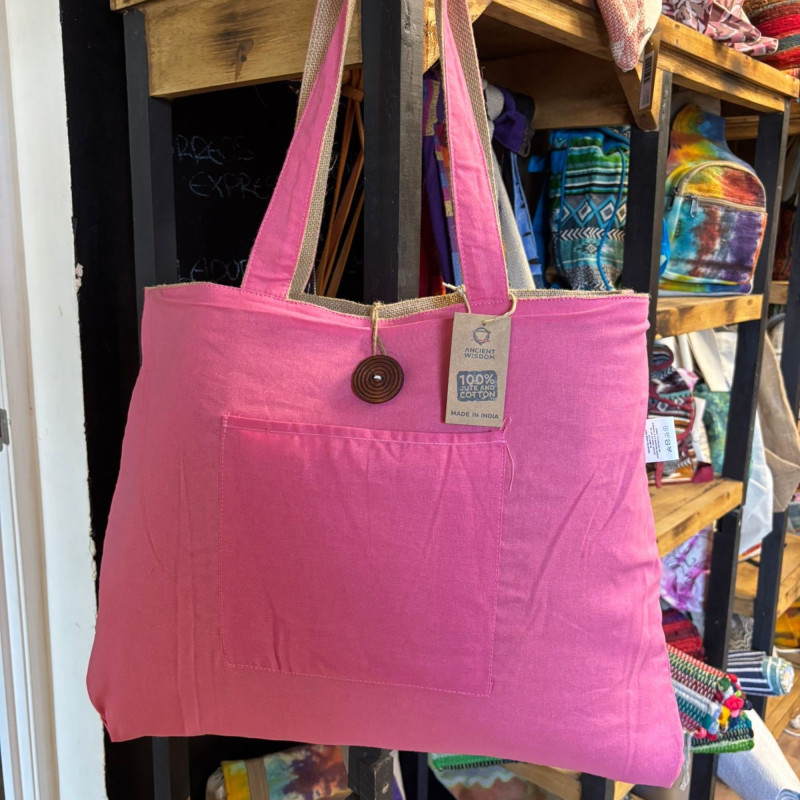 Grand sac réversible en jute et coton - Rose