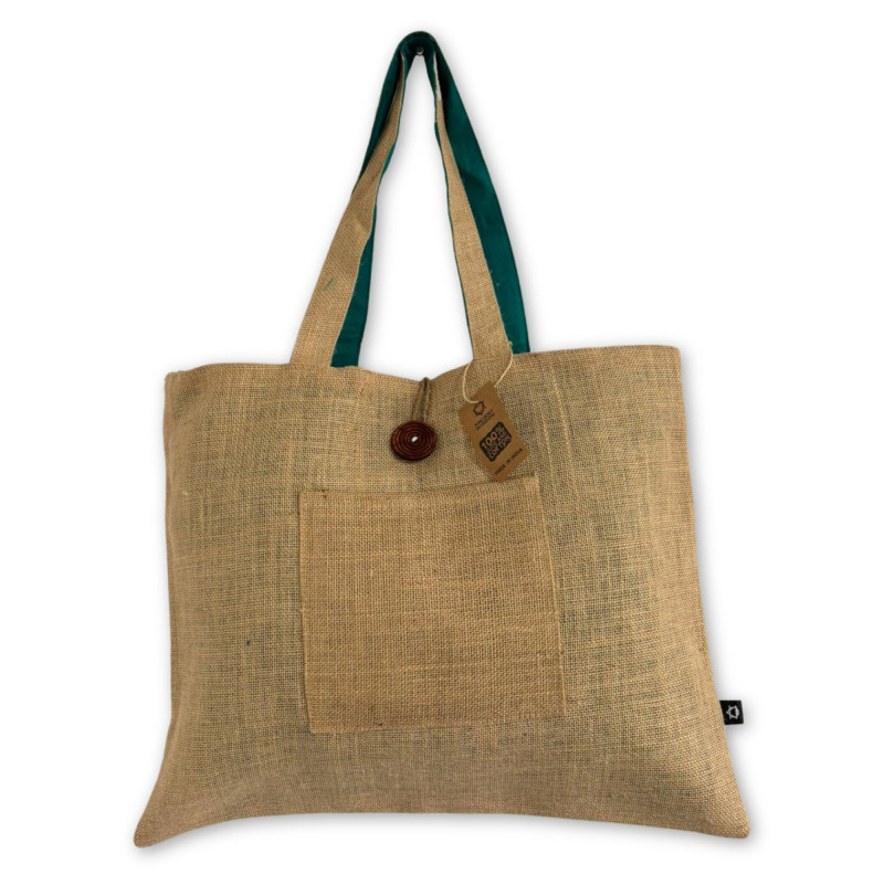 Grand sac réversible en jute et coton - Bleu sarcelle