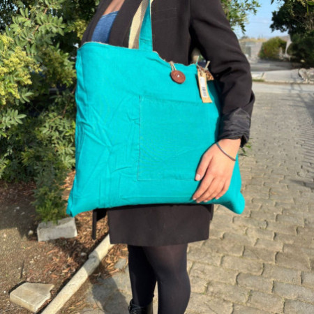 Grand sac réversible en jute et coton - Bleu sarcelle
