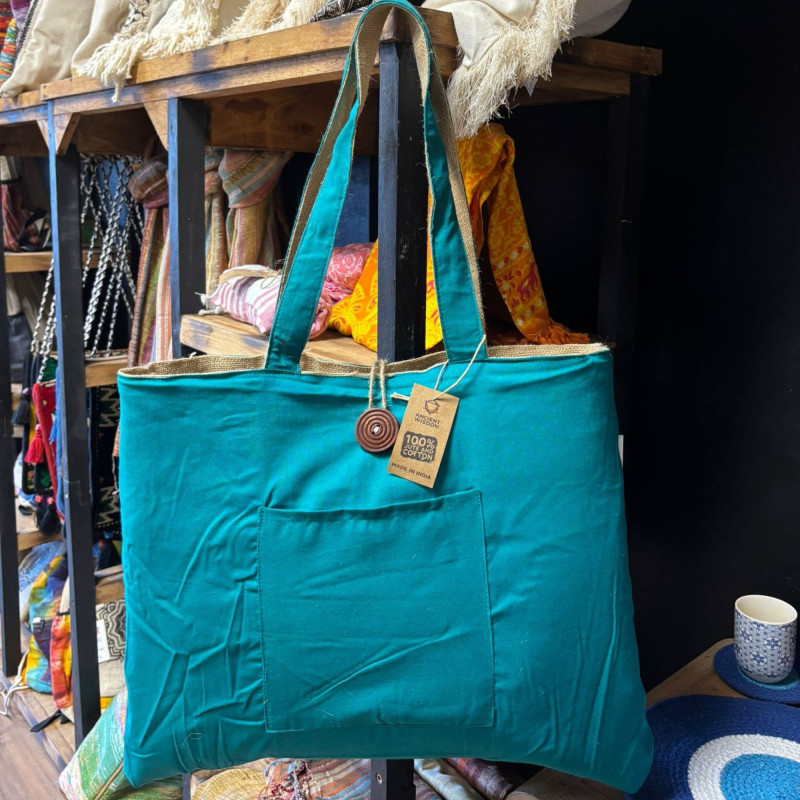 Grand sac réversible en jute et coton - Bleu sarcelle
