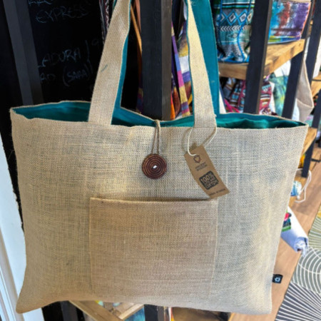 Grand sac réversible en jute et coton - Bleu sarcelle