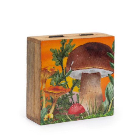 Boîte carrée moyenne 13,5 x 13,5 x 6 cm - Motif champignon marron