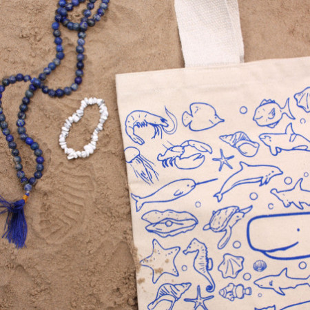 Grand sac de courses en coton - 38 x 42 cm - Vie marine - 283 g