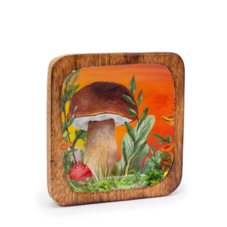 Grand plateau à bibelots carré 15 x 15 x 2,5 cm - Motif champignon marron