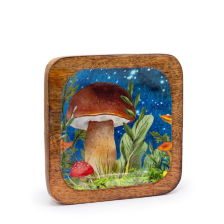 Grand plateau à bibelots carré 15 x 15 x 2,5 cm - Motif champignon bleu sarcelle