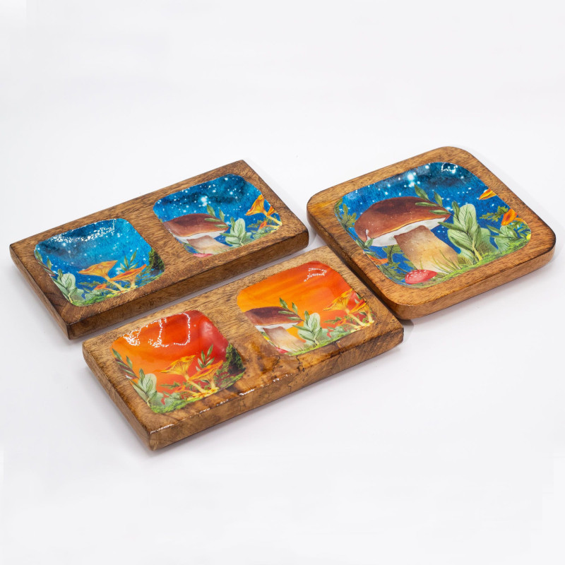 Plateau à bibelots double 20 x 10 x 2,5 cm - Motif champignon bleu sarcelle