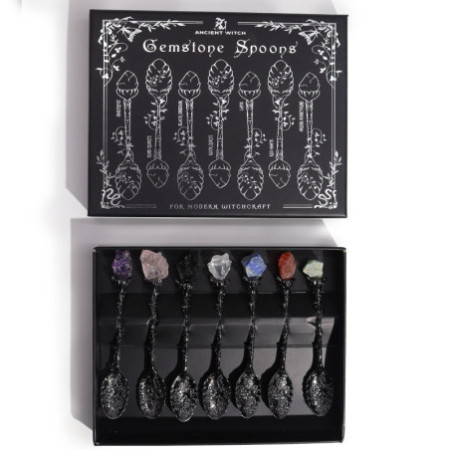 Ensemble de 7 cuillères de sorcière en cristal de pierres précieuses en argent foncé