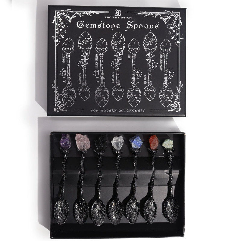 Ensemble de 7 cuillères de sorcière en cristal de pierres précieuses en argent foncé