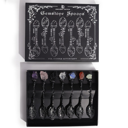 Ensemble de 7 cuillères de sorcière en cristal de pierres précieuses en argent foncé
