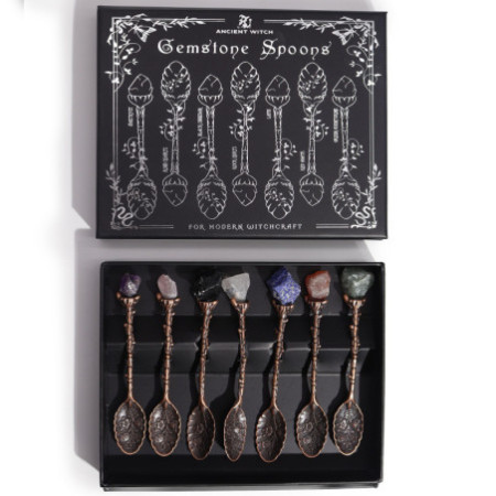 Ensemble de 7 cuillères de sorcière en bronze et cristal