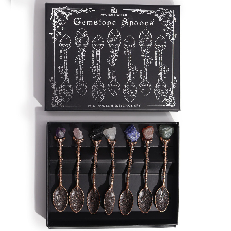 Ensemble de 7 cuillères de sorcière en bronze et cristal