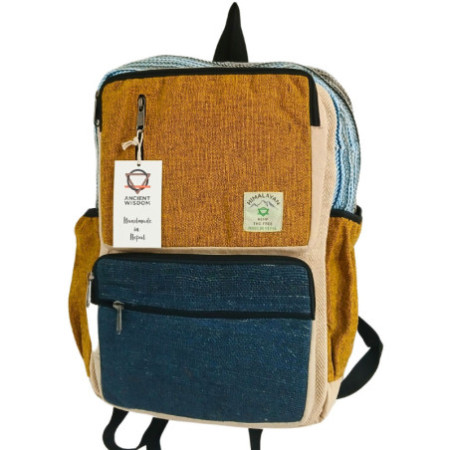 Grand sac à dos carré en chanvre - Bleu sarcelle et curcuma