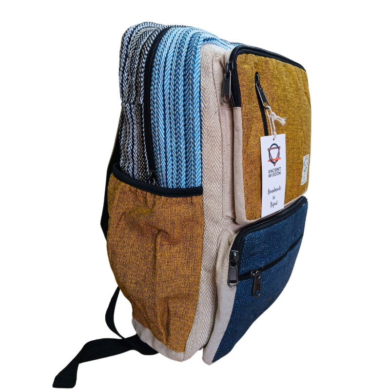 Grand sac à dos carré en chanvre - Bleu sarcelle et curcuma