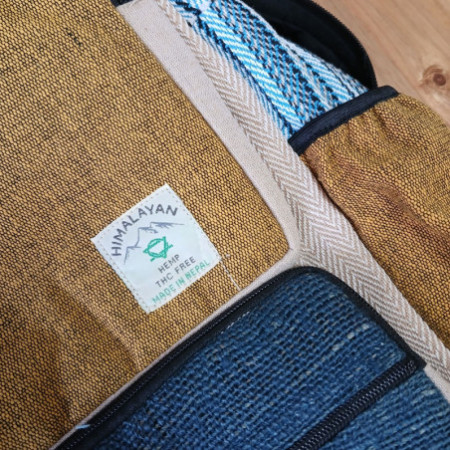 Grand sac à dos carré en chanvre - Bleu sarcelle et curcuma